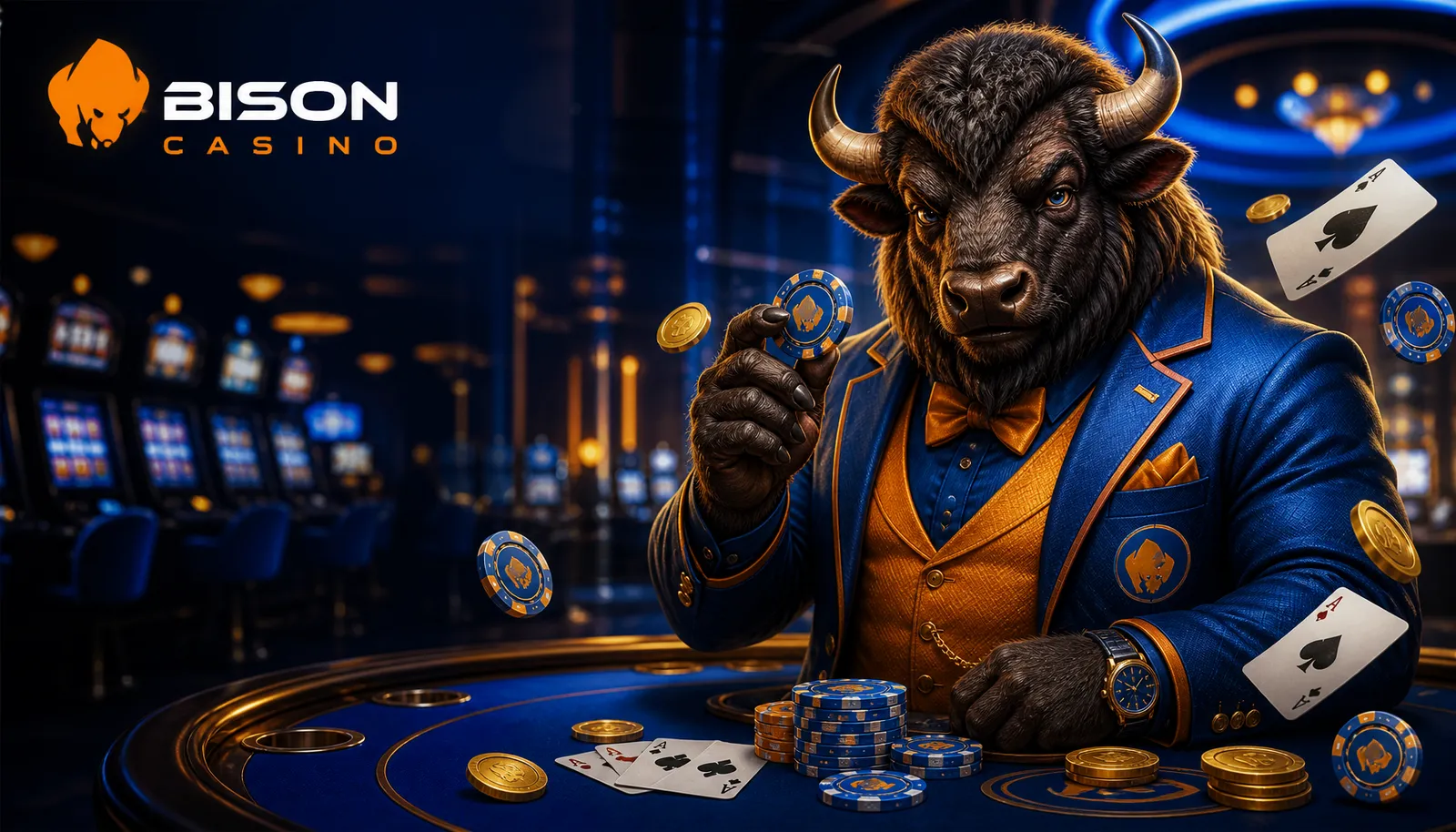 Premium Bison Casino banner featuring a powerful 3D bison mascot in a luxurious casino setting with blue, orange, and gold ac